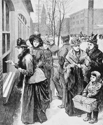 Frauen in einer Schlange zur Teilnahme an einer Wahl, 1870
